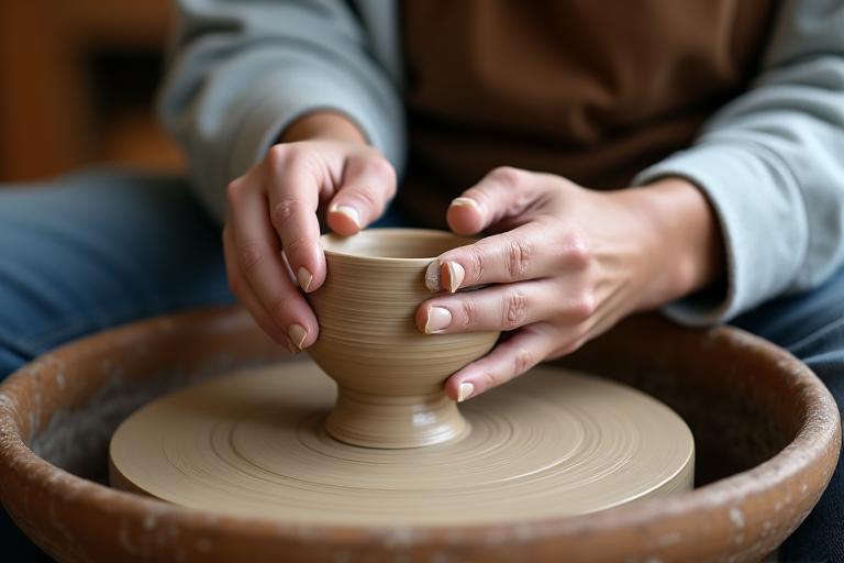 Hands shaping clay on a pottery wheel in a Gyeongju workshop.