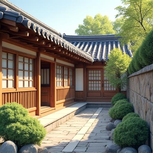 Traditional Korean Hanok guesthouse with a serene garden